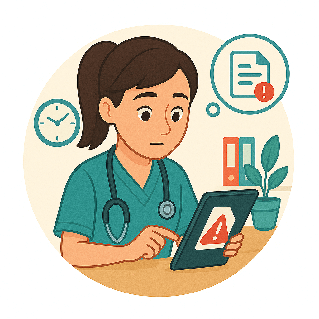 Female cartoon vet using a tablet, thinking about compliance